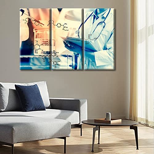 Image of Young Scientist Canvas Paintings Wall Art Home Decor Scientist Writing Report with Equipment and Science Experiments Artwork Home Decor 3 Pieces Posters and Prints Framed Ready to Hang (42 inchWx28 inchH)
