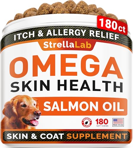 StrellaLab Omega 3 for Dogs - (180Ct) Fish Oil Treats - Allergy & Itch Relief Skin & Coat Supplement - Dry Itchy Skin, Anti Shedding & Hot Spots Treatment - Pet Salmon Oil Chews - Chicken Flavor
