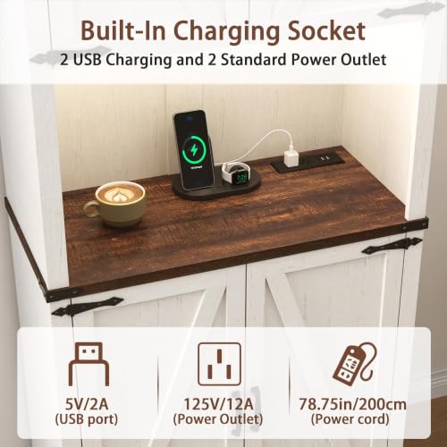Image of 72 inch Tall Farmhouse Kitchen Pantry Cabinet with LED Light and Power Outlet,Modern Farmhouse Kitchen Storage Cabinet w Load-Bearing Steel Pipe,Barn Doors, Organizer,Food Pantry Cabinets(2PC White)