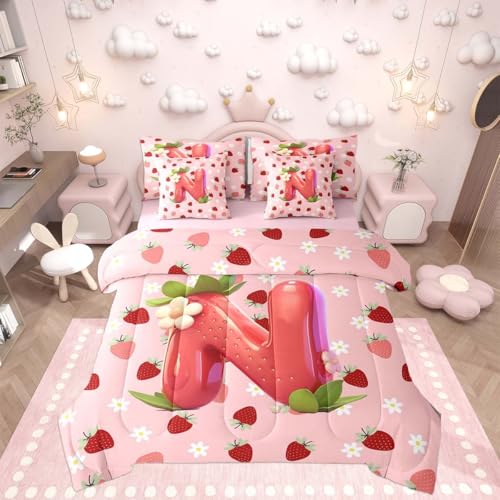 Image of Feelyou Girls Cute Strawberry Queen Comforter Set with Sheets for Kids Boys Girls Pink Strawberry 7 Pieces Bedding Set Initial Letter N Bed in a Bag Room Decor Soft Lightweight Microfiber