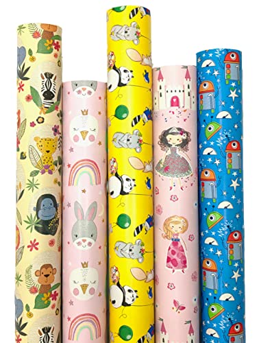 artwelten Geburtstagspapier 5 Rollen - Rolle je 2m x 70 cm - Junge Mädchen Geschenkpapier für Kinder Geburtstags Geschenk Verpackung Prinzessin Roboter Feen Cover