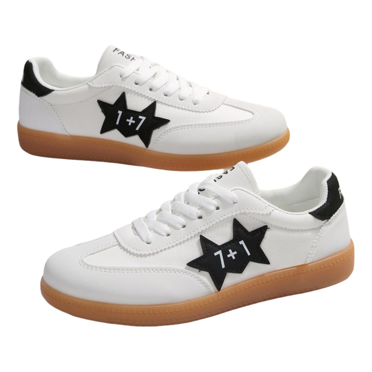 Star Pattern Casual Sneakers, White with Black Accent, Gum Rubber Sole, Lace-up Athletic Shoes (White, Adult, Women's, 8.5, Digital, US Shoe System, Medium (Medium))