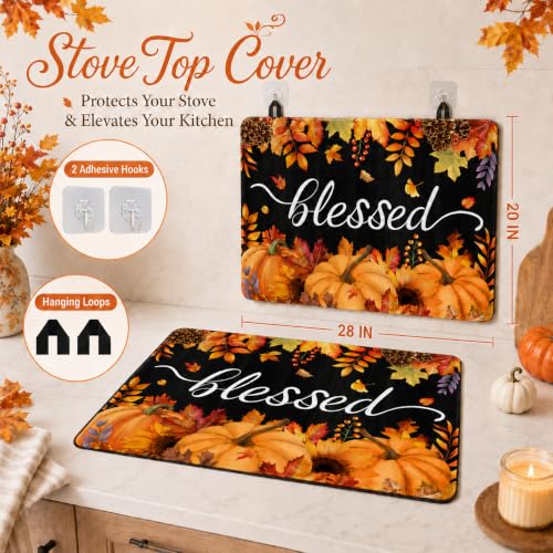 Image of Blessed Stove Top Cover for Electric Stove, Fall Pumpkins Range Covers, Thanksgiving Kitchen Range Top Mats, Fall Leaves Glass Cooktop Covers 28x20 inch, Vintage Cooktop Cover for Kitchen Home Decor