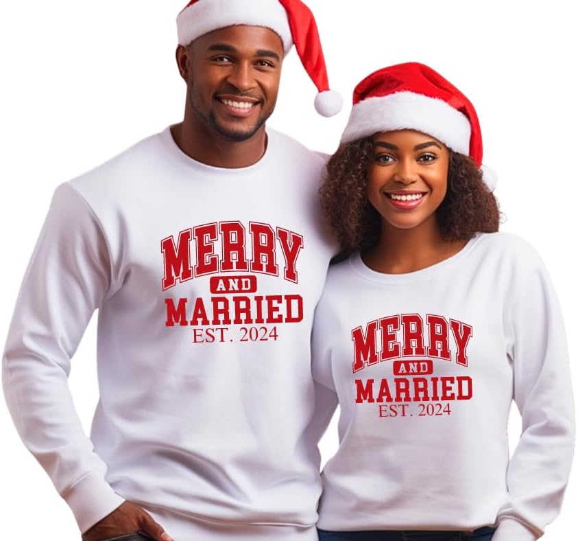 Merry And Married Christmas Sweatshirt, Just Married His And Hers Matching Christmas Sweater, 1st Christmas Mr and Mrs Bride and Groom Christmas Wedding Gift For Newlywed Husband and Wife, Honeymoon.