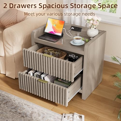 Image of BREEZEHEAT Fluted Nightstand Set of 2, Nightstands with Charging Station, Large Nightstand Bedside Table with 2 Large Drawers, Mid Century Modern End Table for Bedroom, 24 inch Wide, Grey Alder