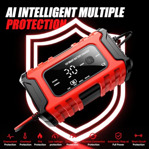 Image of Car Battery Charger, 12V 6A Smart Battery Trickle Charger, 12V Automotive Battery Maintainer Desulfator with Temperature Compensation for Car Truck Motorcycle Lawn Mower Marine Lead Acid Batteries