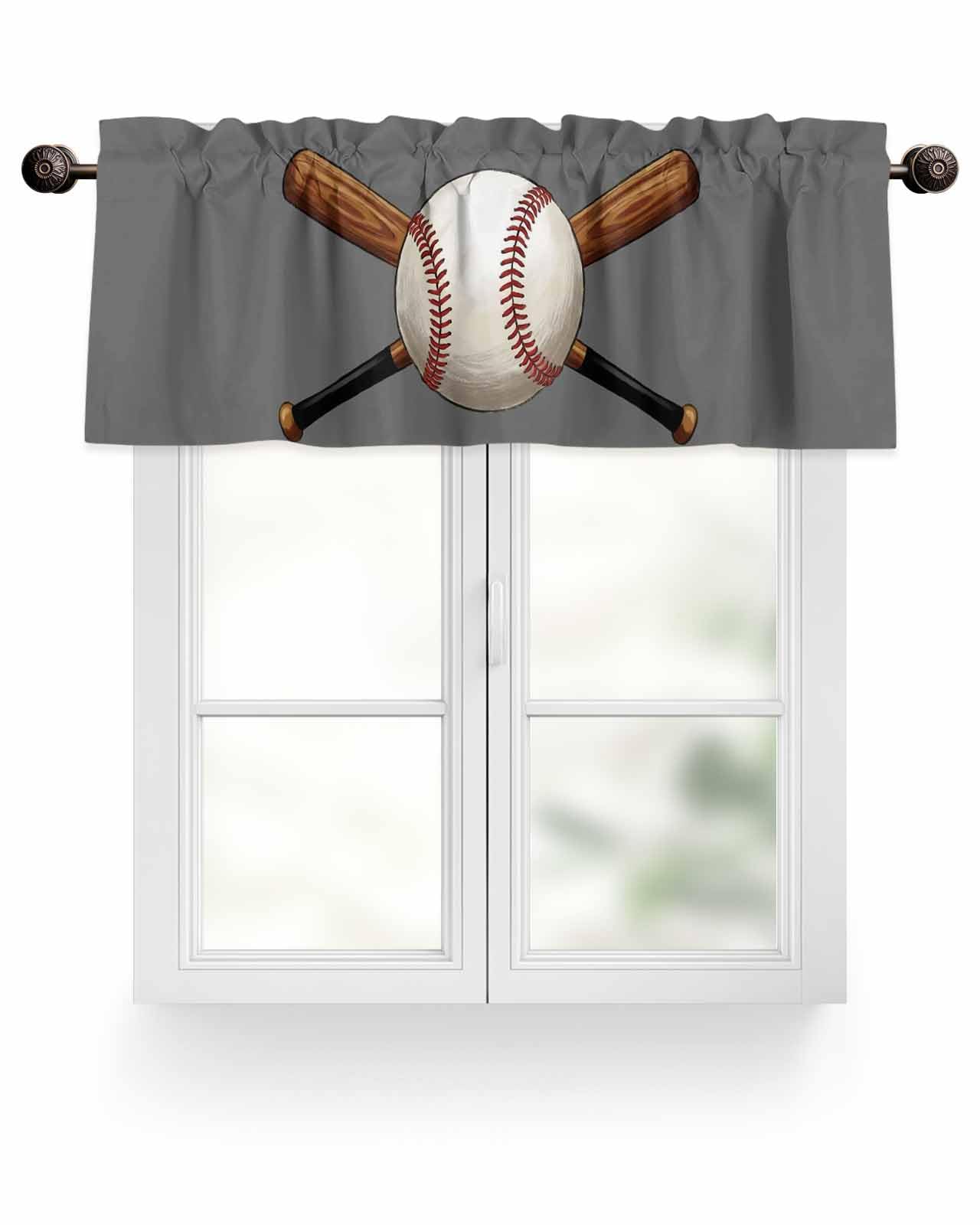 Litter Star Window Valance Rod Pocket Panel for Kitchen Bedroom Windows Baseball Sport Valances Short Curtain Bathroom Treatment Drapes Stick Red Gray