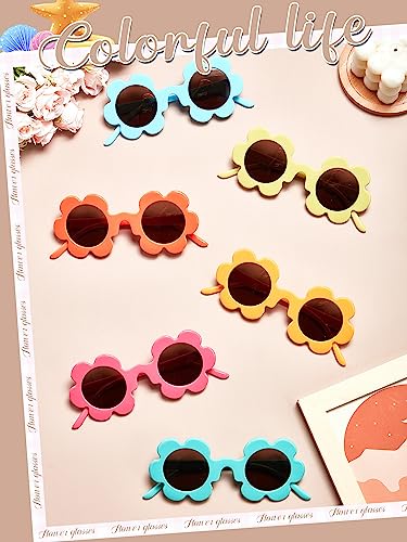 Kanayu 6 Pairs 5.71 Inch Adults Flower Sunglasses Summer Round UV Protection Flower Glasses Colorful Eyewear for Women Men4
