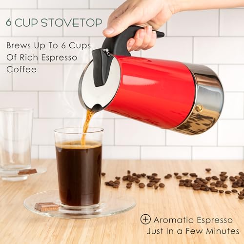 Image of Mixpresso 6 Cup Greca Moka Pot Red Stainless Steel Stovetop Espresso Maker