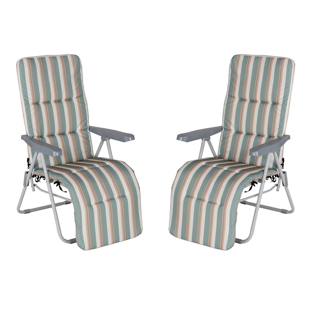 MONTY Set de 2 Sillones de Jardín Acolchado, Reclinable con Reposapiés Verde Multicolor. Estructura de Tubo de Acero anticorrosión y Lona a Rayas. Colchón de 5 cm de Grosor, Plegable. 61x58x106 cm.