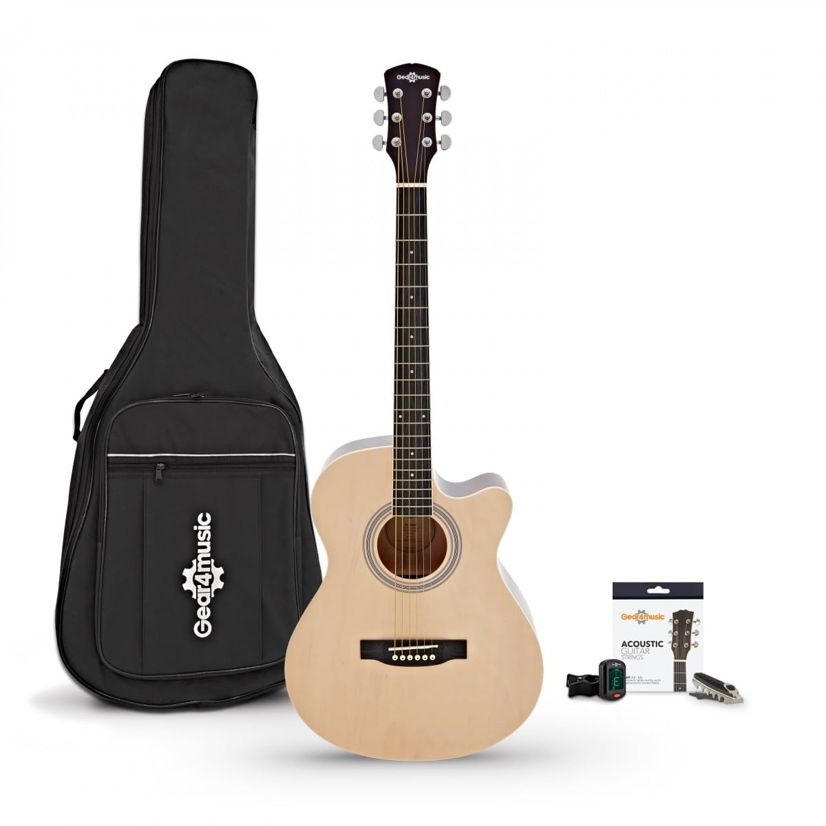 Pacchetto di Chitarra Acustica a Cutaway Singolo di Gear4music | Costruzione in Tiglio per Toni Chiari ed Equilibrati, Manico a C Comodo, Custodia, Corde, Accordatore e Capotasto