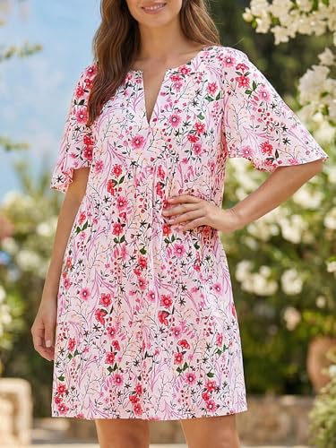 Image of Wenrine Womens Flutter Short Sleeve Mini Dress Casual V Neck Loose Flowy Summer Dresses