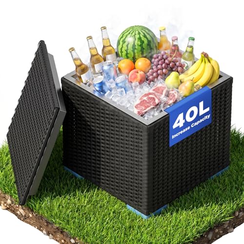 Huracan Mesa con nevera, mesa de jardín Cool Bar con función de refrigerador, mesa de cóctel y mesa auxiliar, diámetro de 40 cm, resistente a la intemperie, para jardín, terraza, piscina, balcón