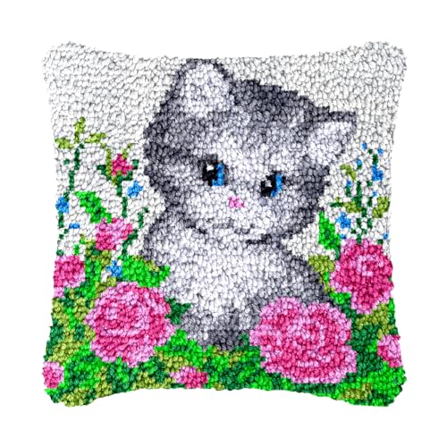Image of bositigo Cat Latch Hook Pillow Kit for Adults & Kids, DIY Pre-Printed Canvas Craft, 17x17 Inch Decorative Cover for Sofa Cushions, Bedroom Decor (Cat Pattern 26)