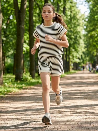 Image of Girls Summer Outfits Striped T-Shirt & Shorts Set for 5-14Y | Kids 2 Piece Clothing, Breathable Textured Tops and Bottoms with Pockets, Great for Casual Wear, School, Sports or Vacation