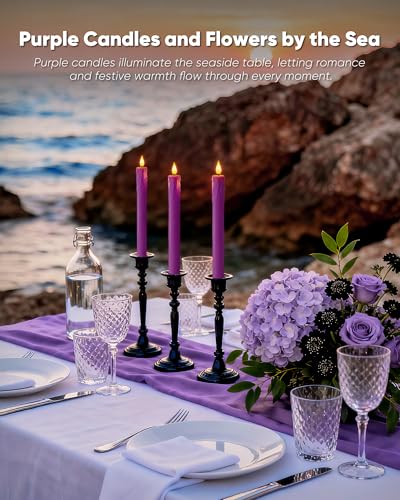 Image of Homemory 3 Pcs Waxy Purple Flameless Taper Candles with Remote Timer, LED Fake Candlesticks, 9.6 Inches Battery Tall Candle with 3D Flickering Flame for Wedding, Dinner, Christmas Anniversary Decor