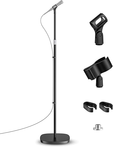Soporte para micrófono, soporte de suelo desmontable universal para micrófono con base compacta, altura ajustable de 22 a 67 pulgadas, 2 clips