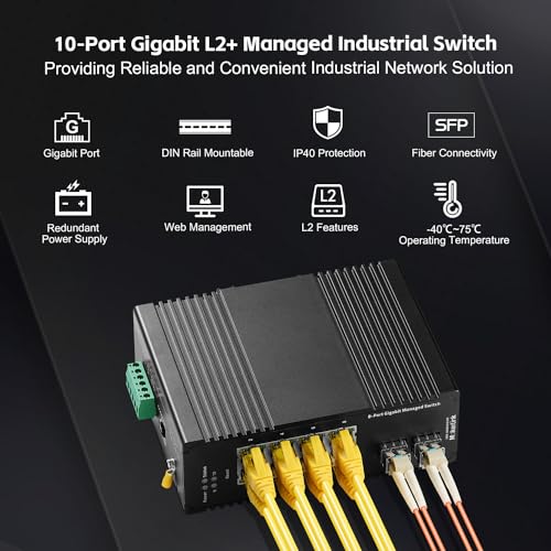 Image of MokerLink 8 Port Gigabit Industrial DIN-Rail Ethernet Switch Managed, 2 SFP Ports, 20Gbps Switching Capacity, Web L2+ Managed IP40 Network Switch (-40 to 185F), with Power Supply