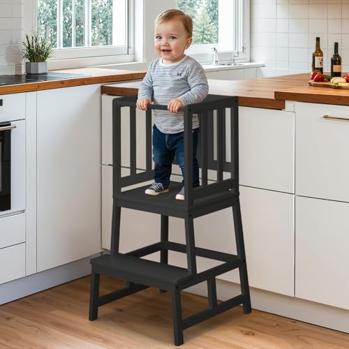 COSYLAND Taburete de guardería para niños – Torre de pie para encimera de Cocina – Taburete de Aprendizaje para Madres y niños en la Cocina – Una Estructura antivuelco en Forma (Negro)