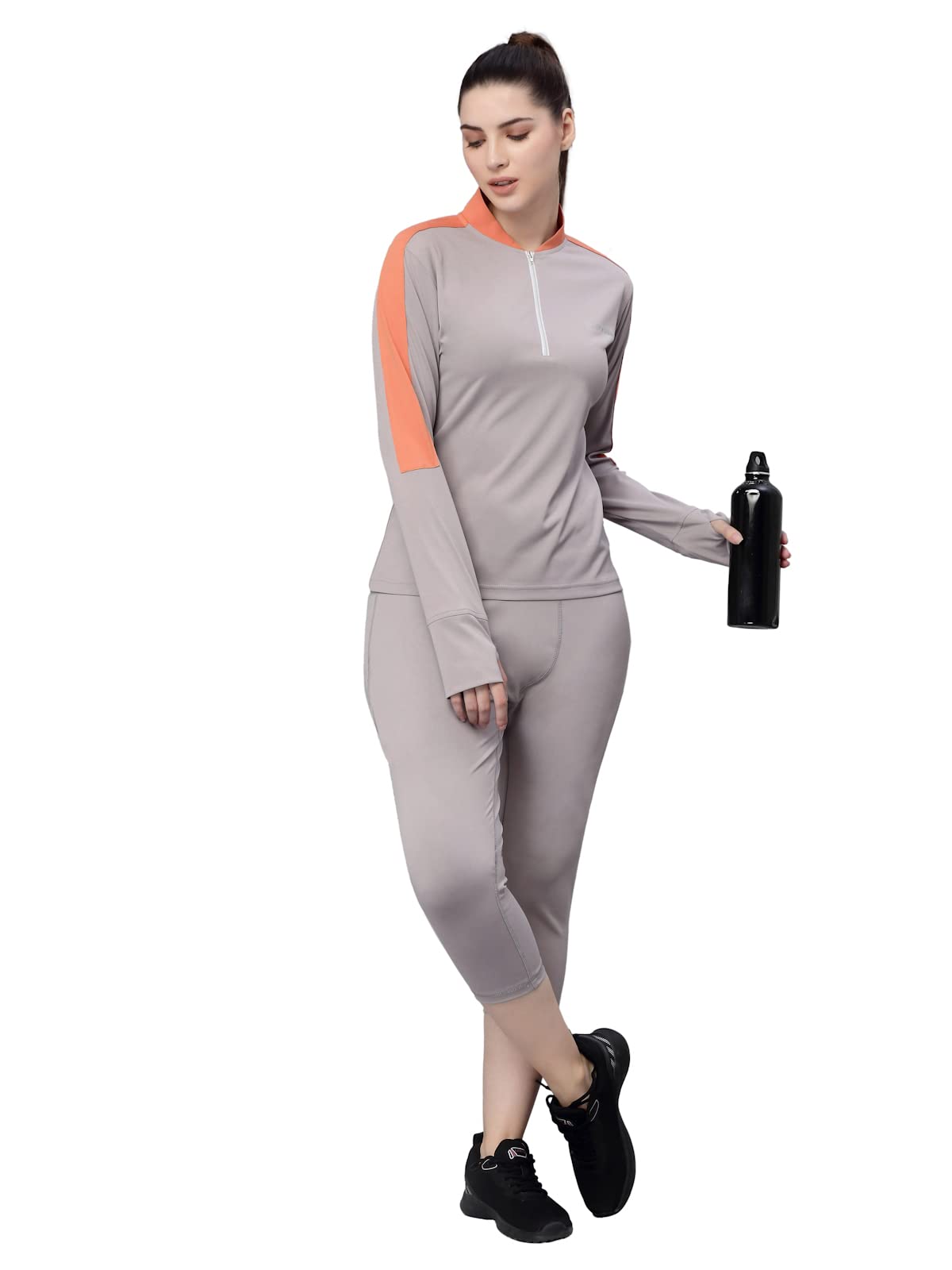 JUMP USA Women Lilac Grey & Coral Solid Rapid-Dry Training T-Shirt