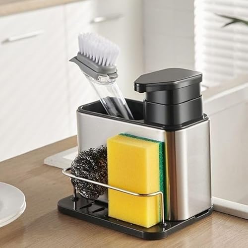 Dispensador de Sabão Líquido com Bandeja Em Aço Inox, Porta Detergente E Esponja 3 Em 1