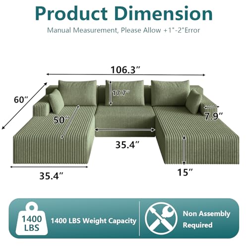 Image of 107 inch U-Shape Cloud Couch, Modern Modular Sectional U-Shape Sofa, Corduroy Boneless Couch Upholstered Couches Deep Seat Sleeper Chaise Longue for Living Room, No Assembly Required,Green