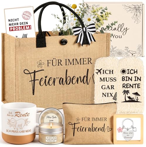 Giftota Renteneintritt Geschenk Frau 8tlg. Ruhestand Geschenk für Frauen mit Einkaufstasche Tasse Lustige Abschiedsgeschenk Kollegin