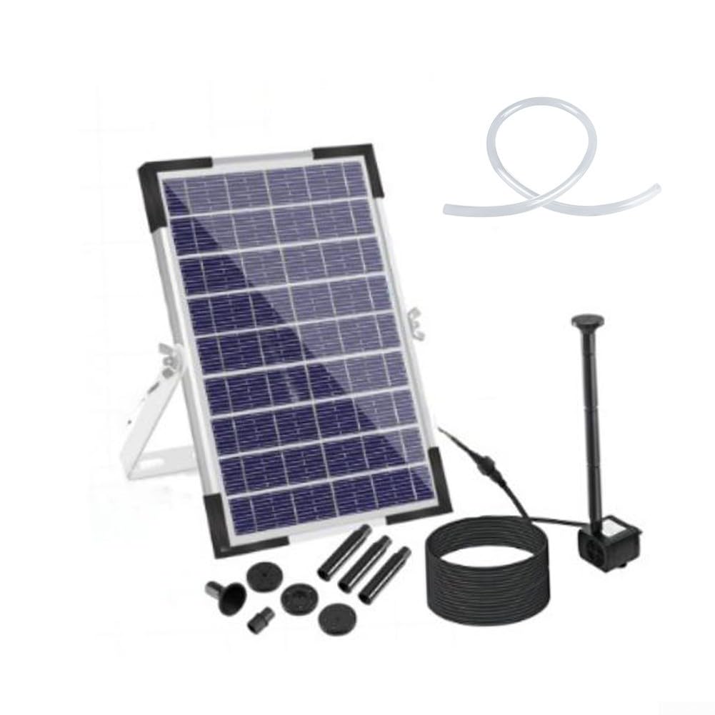 Pompa solare per fontana da 5 W, 9 V, con 9 ugelli, 190 l/h, pannello in vetro, per vasca per uccelli, laghetto, giardino, include tubo da 1 m, nero