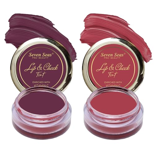 Image of Seven Seas Lips & Cheek Tint Combo Pack of 2 | Matte Natural Blush for Women | Lip Tint with Vitamin E | Nourishing Cheek Tint (Wine Berry, Hippie Pink)