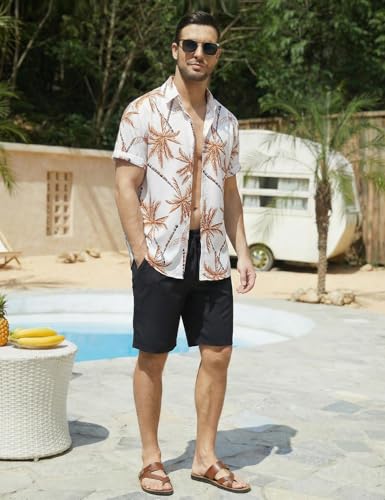 Image of Yimoon Men's Summer 2 Piece Outfits Tropical Print Short Sleeve Button Down Hawaiian Beach Shirt and Shorts Set