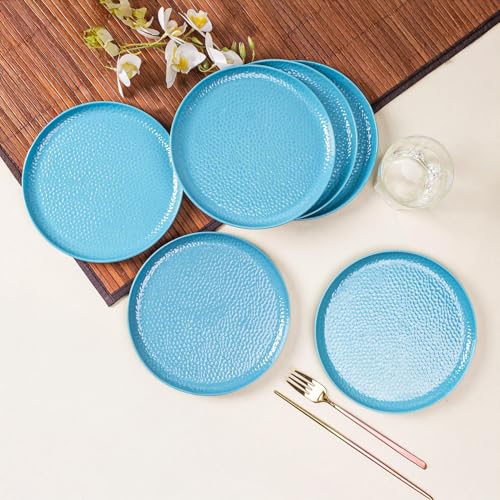 Image of MARKET 99 Melamine Round Serving Set of 6 Full Dinner Plates with Hammered Design for Kitchen | Breakfast, Lunch, and Dinner | Turquoise