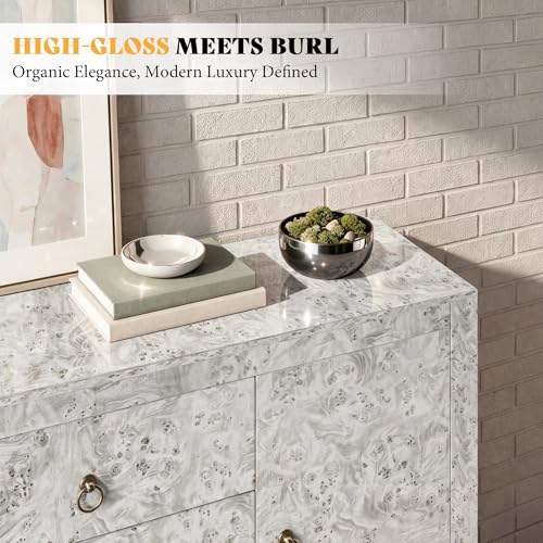 Image of AMERLIFE 60 inch High Gloss Burl Buffet Sideboard Storage Cabinet with Drawers