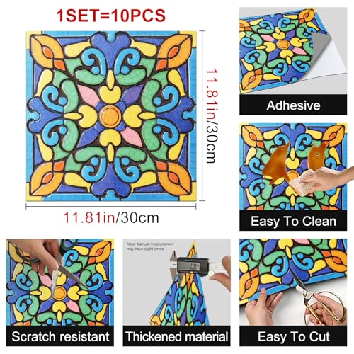 HOMETITUTE 10PCS 12x12 Inch Spanish Mosaic Peel and Stick Floor Tiles Removable Self Adhesive Vinyl Flooring Stickers for Kitchen Balcony Bathroom Patio Decor by HOMETITUTE - Image 3