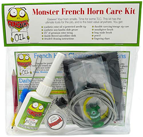 Monster French Horn Care and Cleaning Kit | Rotor Valve Oil w Easy-To-Use Needle Applicator Tip, Slide Grease, and Cleaning Brushes. Everything You Need to Take Care of Your French Horn
