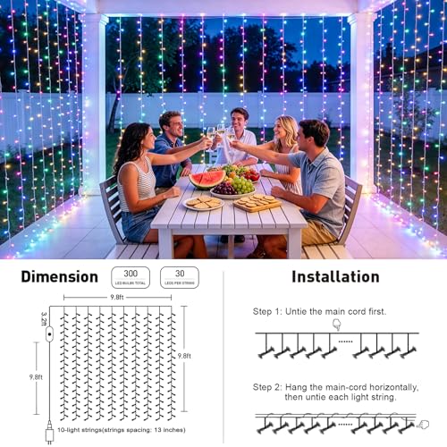 Image of JMEXSUSS RGB Curtain Lights, 300 LED 9.8x9.8FT Color Changing String Lights