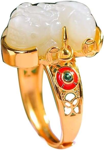 S925 Silver-Inlaid Natural White Jade Pixiu Ring with Adjustable Opening and Including Certificate