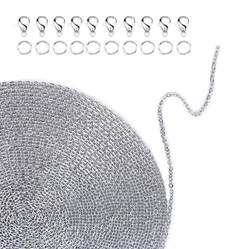suaywo 12 Mètres 2MM Chaine pour Bijoux Argentée avec 50 Anneaux de Saut et 20 Fermoir Bijoux, Chainette pour Bijoux pour L'artisanat de Bricolage, les Fournitures de Bijoux