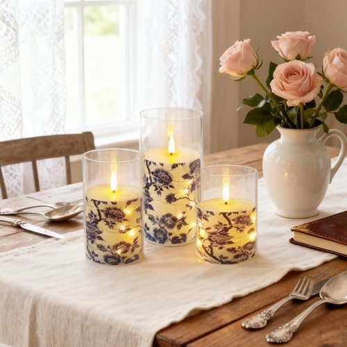 Image of Floral Flickering Flameless Candles, Recessed String Light LED Candles 3D Wick Acrylic Battery Operated LED Pillar Candles with Remote and Timer for Home Decor Set of 3(Blue Floral Printed)