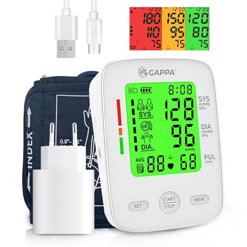 GAPPA FC-BP120 Tensiómetro de brazo automático con adaptador incluido, manguito (extendido 22-42 cm), pantalla a color grande, indicador de riesgo, detección de arritmia, memoria 2x99, portátil