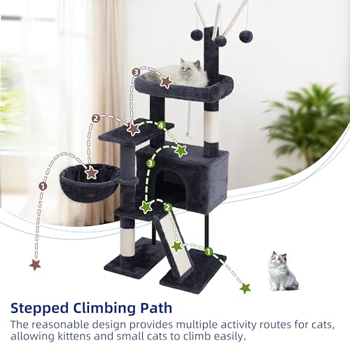 Image of Gitelsnour Cat Tree Tower for Indoor Cats, Top Platform with Toy, GCT006SG | 49.2 inch Cat Condo House, Sturdy Base, Scratching Post & Board, 3 Balls, Hanging Basket, Small Cats and Kittens, Drak Gray