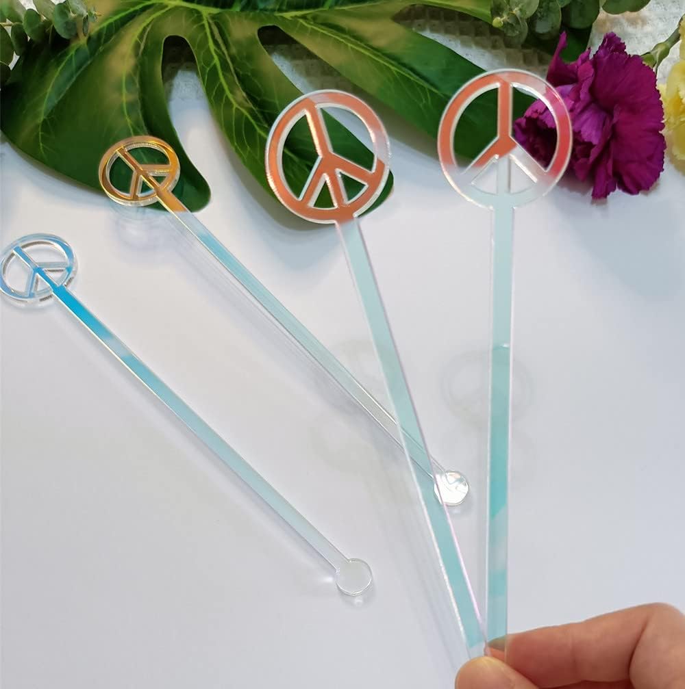 Pack of 20 Peace Sign Swizzle Sticks,Cocktail Drink Stir Sticks,Acrylic Mirrored Peace Drink Stirrers for Baby Shower,Festival&Party Deco (Rainbow)