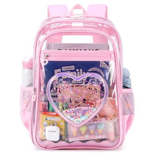 QIXIHU Clear Backpack Heavy Duty Thick TPU Clear Bookbag Transparent Bookbag Stadium Events See Through Large Ergonomic Backpack for School Kids Girls Women Travel Security College Concert Pink