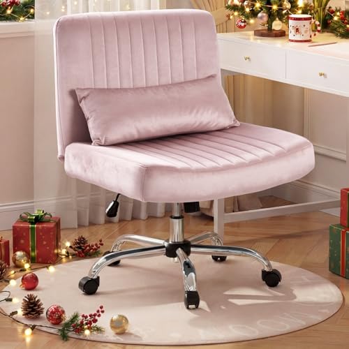 Warmiehomy Criss Cross Legged Velvet Office Chair for Home, Armless Desk Chair with Wheels, Height Adjustable Swivel Vanity Chair with Wide Seat and Lumbar Pillow for Bedroom and Home Office, Pink