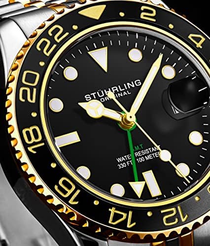 Stuhrling Original Men's Stainless Steel Anniversary Bracelet GMT Watch, Swiss Quartz, Dual Time, Quickset Date with Screw Crown, Waterproof to 10 ATM