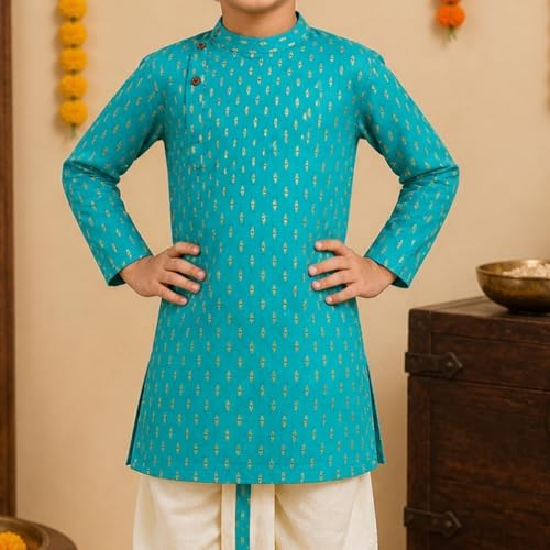 Image of superminis Boy's Cotton Kurta with Dhoti - Golden Thread Work, Solid Round Collar, Full Sleeves, Side Button Kurta Set for Ethnic Wear