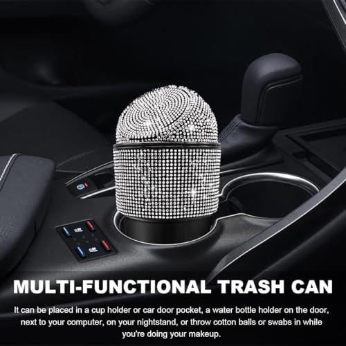 Image of DXNQ Bling Car Trash Can with Lid, Sparkling Crystal Cup Holder Mini Auto Garbage Bin, Leakproof Bling Rhinestone Cup Holder Garbage Can Container for Vehicle Home Office (White)