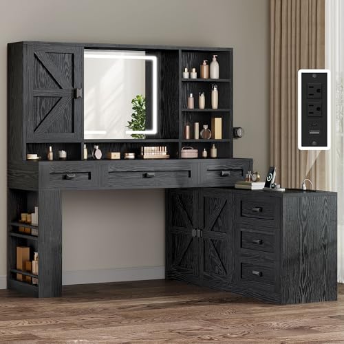 DWVO L Makeup Vanity Desk with Mirror and Lights, Farmhouse Big Lighted Vanity Table Set with 6 Drawers and Cabinet Shelves, 360° Rotation Large Dressing Table for Bedroom, Black