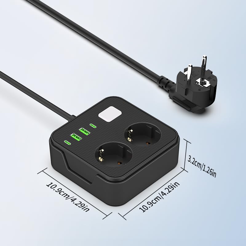 Steckdosenleiste 6-in-1 mit 2M Kabel, 2 AC-Steckdosen, 2 USB und 2 Type-C Anschlüsse, für Zuhause, Büro und Reisen