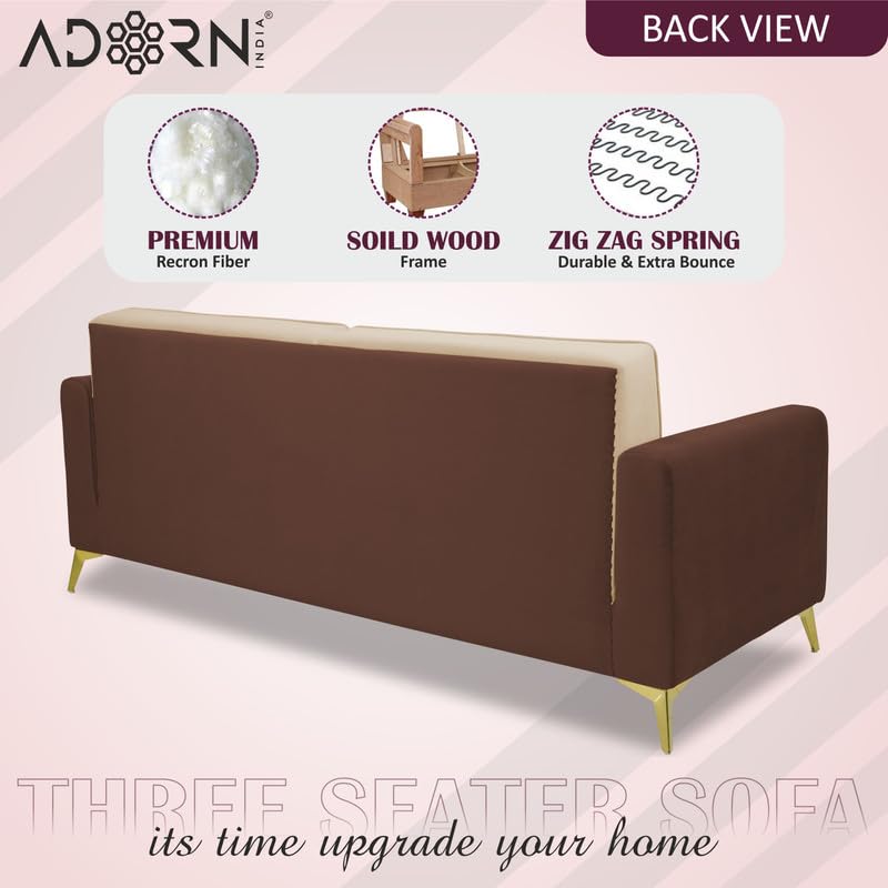 Image of Adorn India Premium Harlem 3 Seater Sofa | Velvet Suede Upholstery | 3-Year Warranty | Brown & Beige with Gold Legs & Cushion