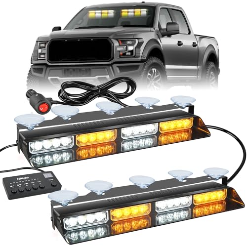 Nilight 32LED Amber White Emergency Dash Strobe Lights with Controller Suction Cups Warning Hazard Interior Front/Rear Windshield Deck Split Light Bar for Truck Construction Vehicle